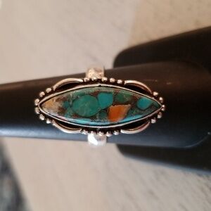 Skinny Marquise Mosaic Turquoise Ring Dot and Bar Setting